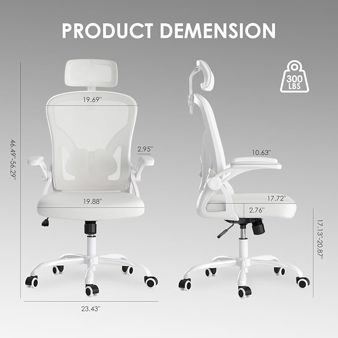 Farini Ergonomic Office Chair, Home Office Desk Chair with Headrest, High Back Computer Chair with Armrests and Adjustable Lumbar Support for Home Office Study Room, White & White