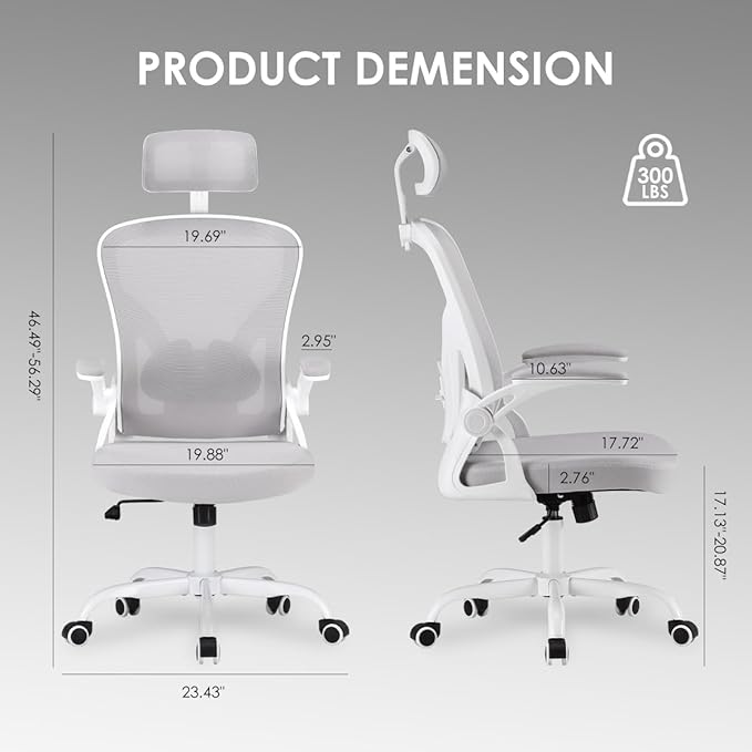 Farini Ergonomic Office Chair, Home Office Desk Chair with Headrest, High Back Computer Chair with Armrests and Adjustable Lumbar Support for Home Office Study Room, White & Gray