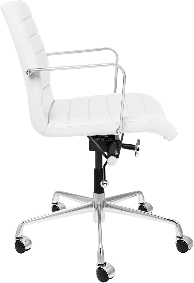 Laura Davidson Furniture SOHO II Ribbed Office Chair - Mid Back Desk Chair, Ergonomically Designed with Arm Rest & Swivel, Made of Faux Leather, White, Computer Chair