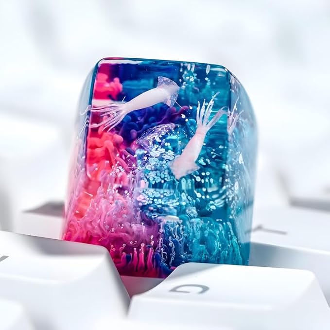 Squid Artisan Keycap Pink Blue Coral Reef R1 SA Profile Custom Sea Creatures Keycaps 1U ESC Handmade Gaming Ocean Resin Key Cap Cherry MX Switch Compatible Mechanical Keyboard Squid Lover Gift