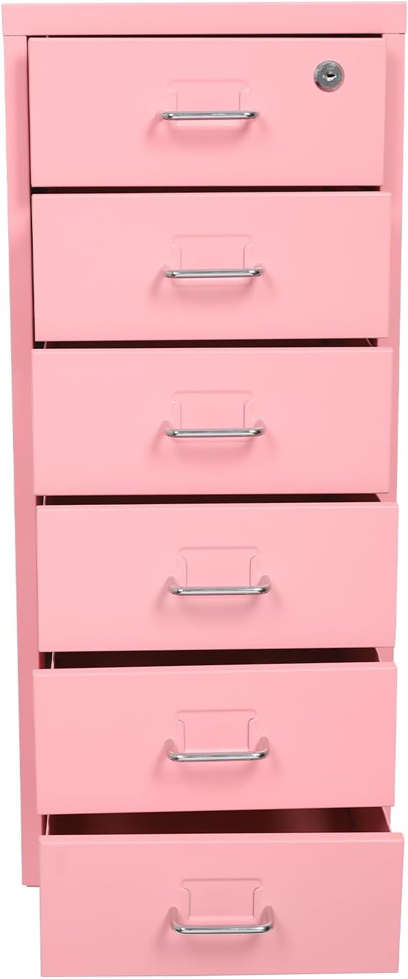 TFCFL Mobile File Cabinet 6 Drawer Vertical File Cabinet with Wheels Metal File Cabinet with Lock for Home Office, 11" D x 16" W x 27" H (Pink)