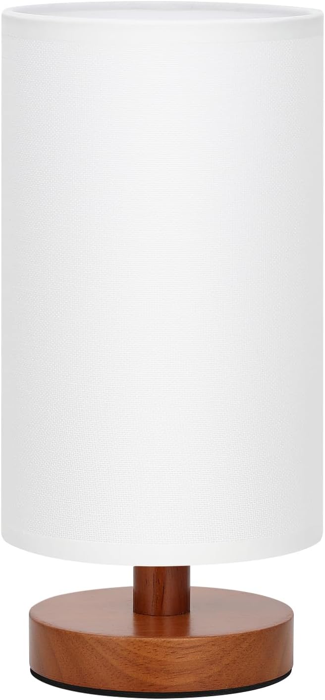 Small Table Lamp for Bedroom - Inline Control, Bedside Lamp with 3000K A15 LED Blub, Easy Assembly (White Shade - Walnut Base, 9" Inline Control)