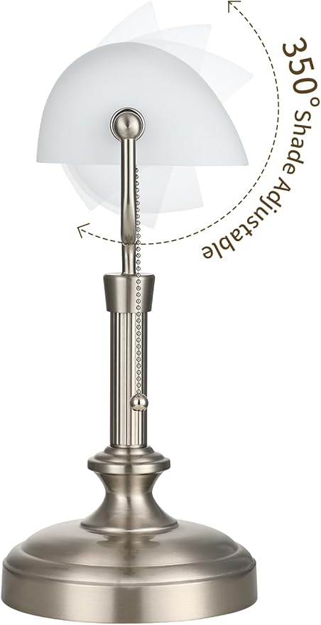 Traditional Banker's Desk Lamp with Glass Shade,Pull Chain Switch, LED Bulb Included (Satin Nickle+White)