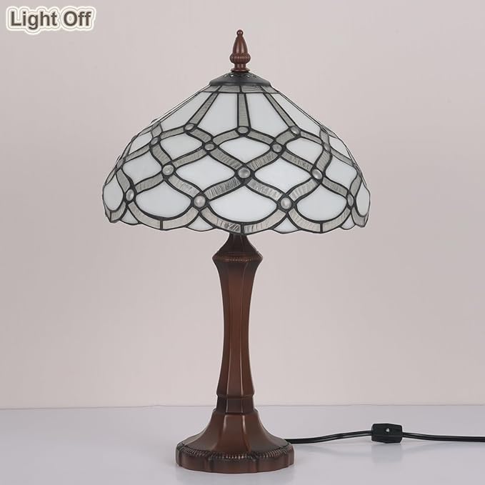 Tiffany Table Lamp,White Stained Glass Table Light,Antique Style Medium Size Desk Lamp Vintage Beside Reading Lamp for Living Room Bedroom Office