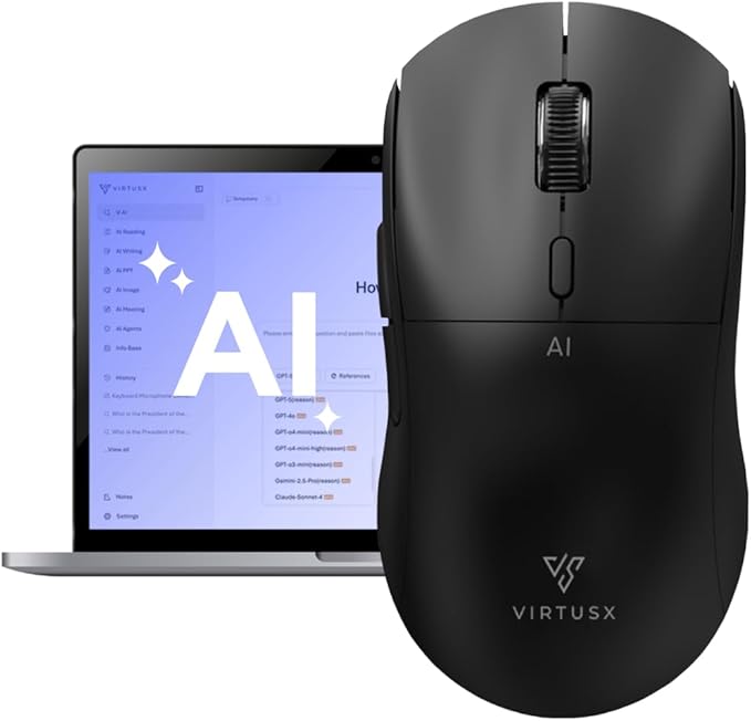 Virtusx AI Mouse, Jethro V1 – AI Voice & Audio Recorder, Note Taking Mouse for Computer & Laptop with Centralized AI Software, AI Writing Tools, Voice Typing, Transcribe, Translate & Summarize