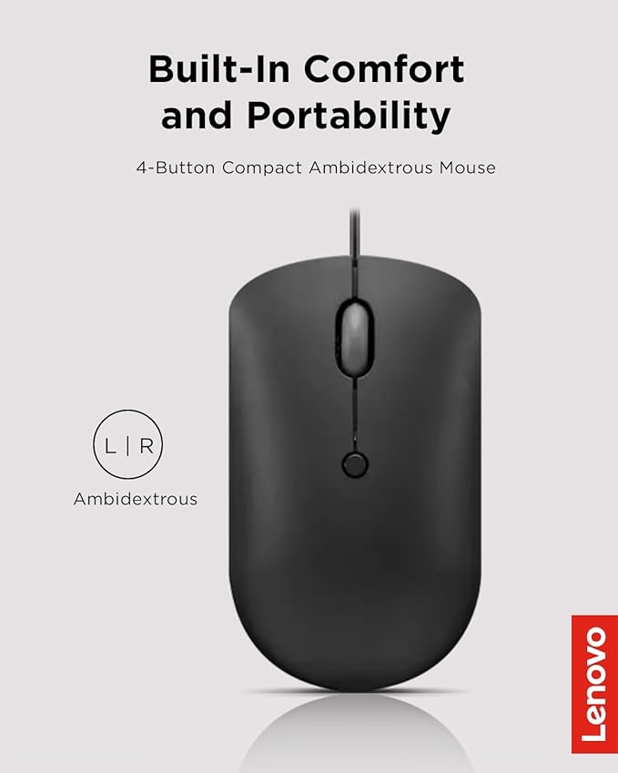 Lenovo 400 USB-C Compact Wired Mouse – Pocket Friendly Portable Mouse for Notebook or Large Computer Monitor, Black