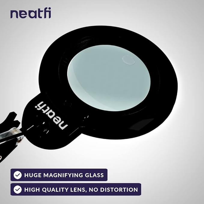 Neatfi XL Bifocal LED Magnifying Lamp, 7-Inch Acrylic Lens, 5D/20D Magnification, Hands-Free, Dimmable, 84 SMD LEDs, Adjustable Arm for Crafts, Reading, Close Work (Black, CCT with Clamp)