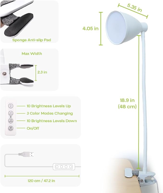 LED Desk Lamp Eye-Caring, 360° Flexible Gooseneck, 10 Brightness Dimmable Reading Light, 3 Color Modes, 10W 40 LED for Home Office, Craft, Computer, Nightstand Reading