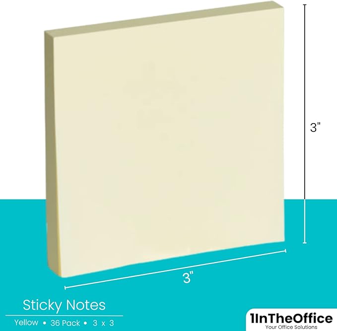 1InTheOffice Yellow Sticky Notes, 3" x 3" Yellow self Stick Sticky Notes 36/Pack of 100= 3600 Notes Pads (36)