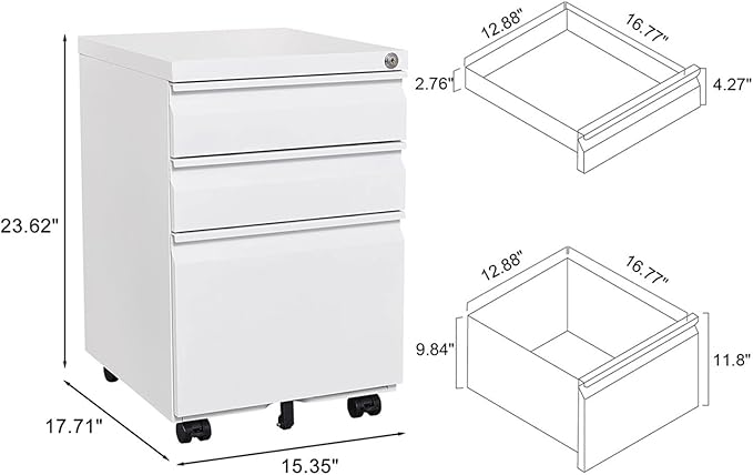 3-Drawer Metal File Cabinet with Lock & Wheels – Rolling Under-Desk Storage for Letter/Legal/A4 Folders, Home & Office Use (Assembly Required)
