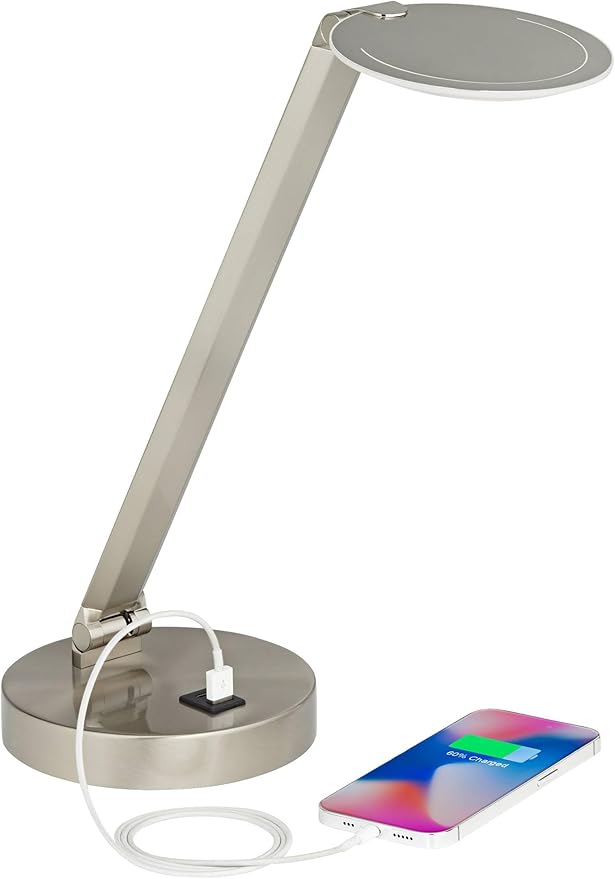 Possini Euro Design Kobie 21 3/4" High Single Modern Metal Desk Lamp Adjustable Height LED USB Port Silver Nickel Finish Family Office Living Room Charging Bedroom Bedside Nightstand House