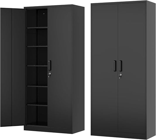 Metal Storage Cabinet-72” Tall Steel File Cabinet with Lockable Doors and Adjustable Shelves-Black Steel Storage Cabinet for Home, School, Office, Garage