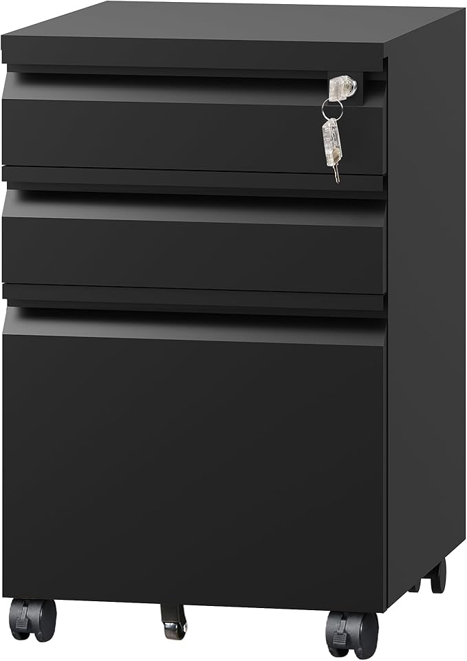 DEVAISE 3 Drawer File Cabinet with Lock, Black Metal Mobile Filing Cabinet Under Desk, Home Office Furniture fits A3/A4/Letter Size, 17" D x 15" W x 24" H