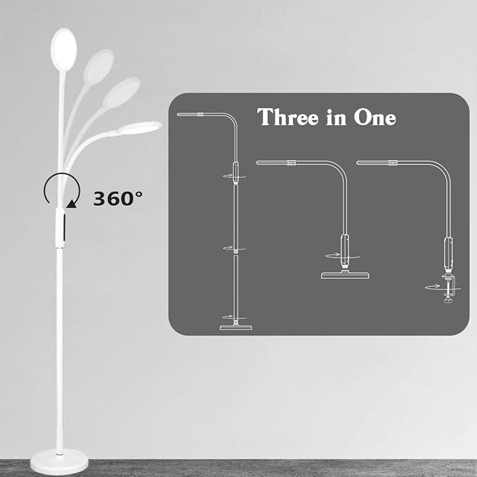 Syrinx 3 in 1 LED Floor Lamp, Desk Lamp, Clamp-on Lamp With Remote Control, 5 Brightness Levels & 5 Colors Temperatures, Dimmable, Adjustable Gooseneck Pole Lamp for Living Room Office Bedroom - White
