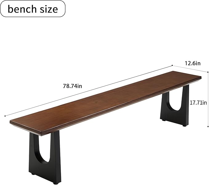 Walnut Color Long Bench Solid Wood Top Metal Legs U-Shaped Design Durable Sturdy Dining Bench Ideal for Office Home Restaurant Patio Multiple (Bench, 78.74in)