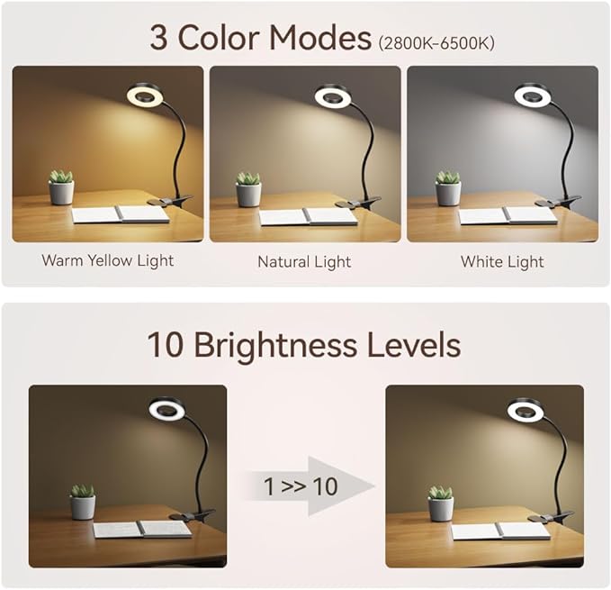 LED Desk Lamp Clip on Light with 3 Color Modes 10 Brightness Ring/Clamp Light 360° Flexible Gooseneck Dimmable Eye Protection Desk Light Desk Lamps for Home Office with Video Tutorials