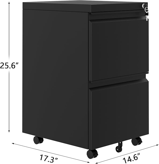 GarveeHome File Cabinet 2-Drawer on Wheels w/Lock | Under Desk Metal Rolling | Legal/A4/Letter Storage for Home Office, Black