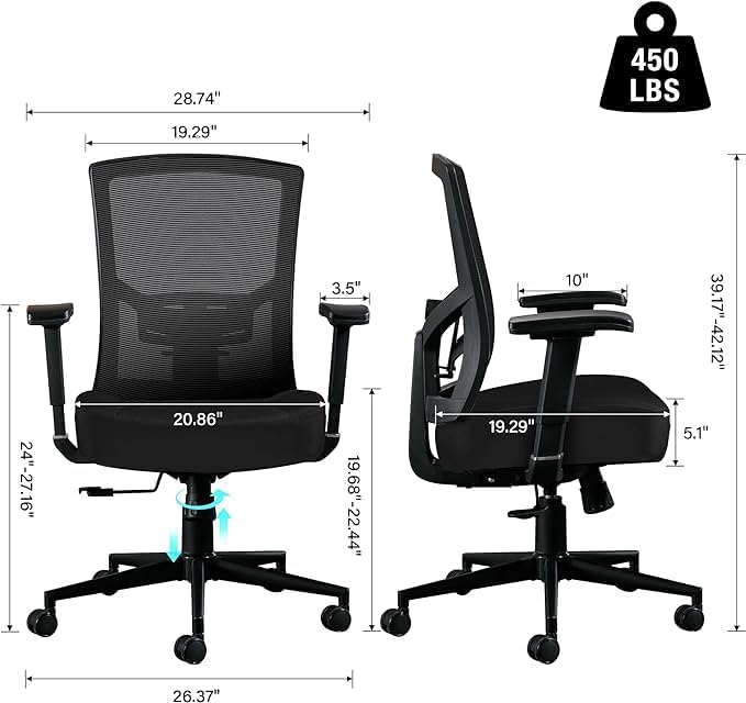 Blue Whale Big and Tall Office Chair 450lbs, Ergonomic High Back Computer Desk Chair for Heavy People with 2D Adjustable Waist Support and Heavy Duty Metal Base Mesh Chair