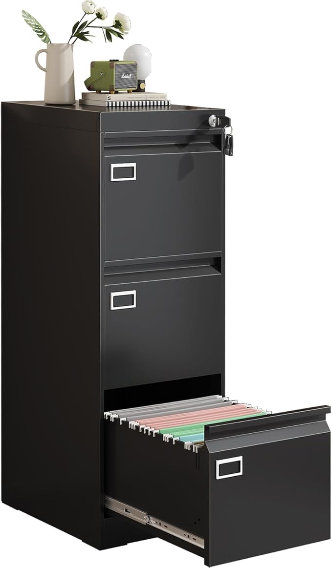 Three Drawer File Cabinet with Lock, Metal Filing Cabinet for Home Office, 3 Drawer Locking Filing Cabinets, Black Vertical File Cabinets for Letter/Legal / A4 / F4 Size, Lockable Design