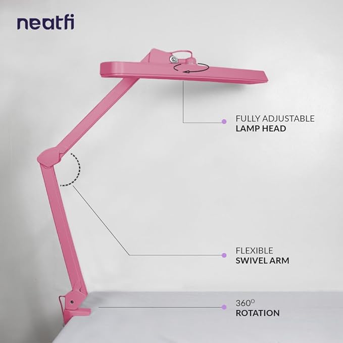 Neatfi XL 2,500 Lumens LED Task Lamp, 22 Inches Wide, 30W, 162 Pcs SMD LED, Eye-Caring, Desk Light with Clamp for Home, Office, and Study Room (Non-CCT, Pink)