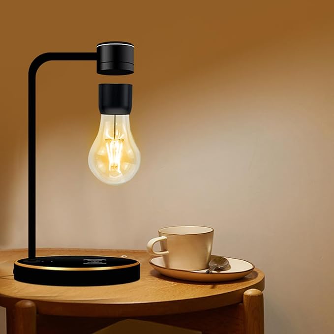 Magnetic Levitating Light Bulb Lamp, Floating LED Bulb Desk Lamp with Wireless Charger, Rotating Levitating Bulb Night Lights for Room Office Decoration (Black)