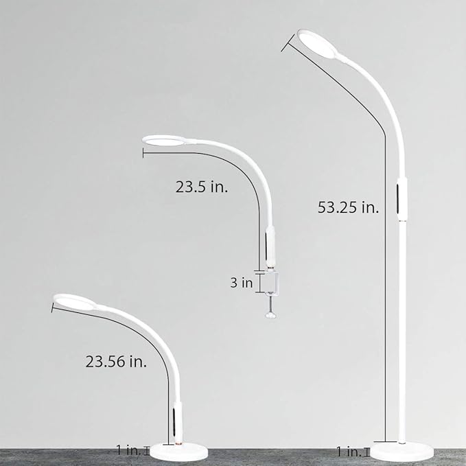 Syrinx 3 in 1 LED Floor Lamp, Desk Lamp, Clamp-on Lamp With Remote Control, 5 Brightness Levels & 5 Colors Temperatures, Dimmable, Adjustable Gooseneck Pole Lamp for Living Room Office Bedroom - White