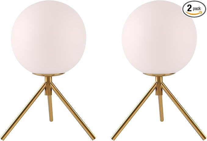 Gold Table Lamps Set of 2, Mid Century Modern Globe Desk Lamp with Milk White Glass Shade Metal Tripod Base, Vintage Bedside Lamp Small Round Table Lamps for Bedroom Living Room Study
