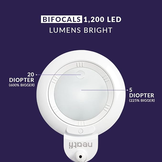 Neatfi XL Bifocals 1,200 Lumens LED Magnifying Lamp with Clamp, 3 Light Modes, Correlated Color Temperature Control (3000K-4500K-6000K), 12W, 120 Pcs SMD LED (White, 6 Inch Lens)