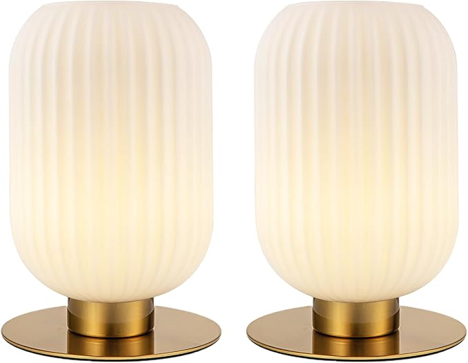 Mid Century Modern Bedside Lamp Set of 2, White Nightstand Lamp Glass Bedside Lamp with Round Metal Base, Vintage Gold Table Lamp Small Table Lamp for Bedroom Living Room Office