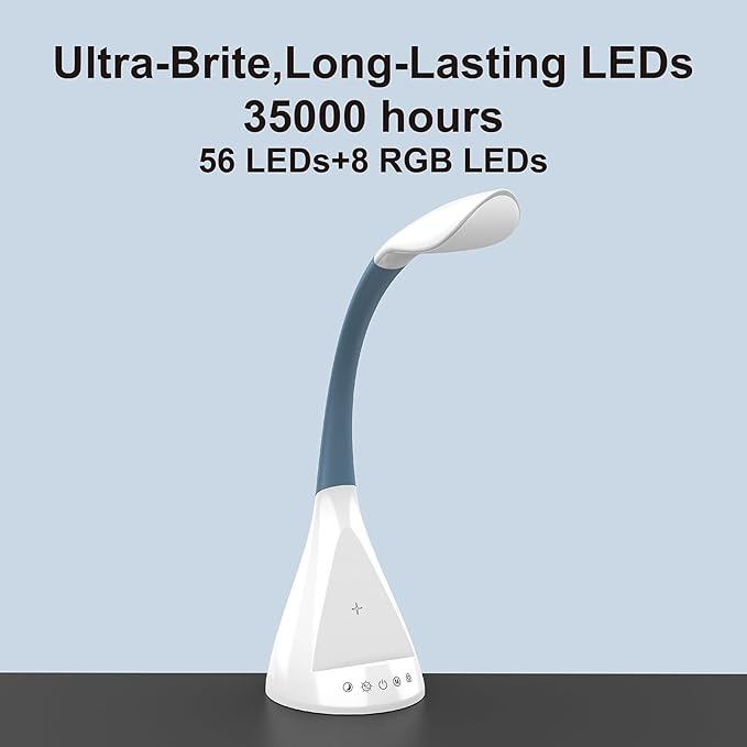 LED Desk Lamp with Wireless Charger, Modern Eye-Caring Dimmable Light for Home Office & College Dorm with 3 Color Modes, 5 Brightness, Touch Control, Adjustable Gooseneck, RGB & Night Light, White