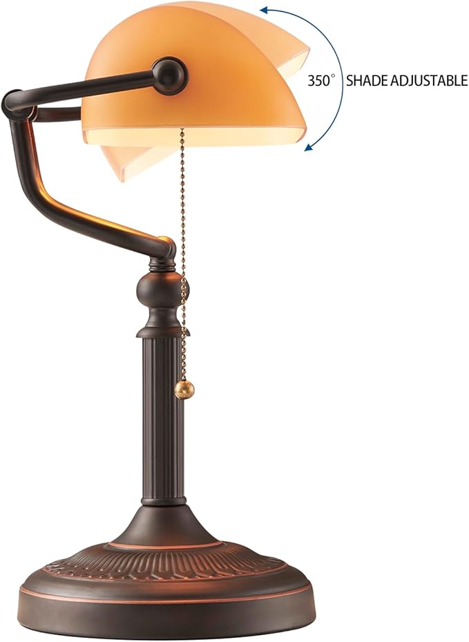 Newrays Matted Orange Glass Bankers Desk Lamp with Pull Chain Switch Plug in Fixture