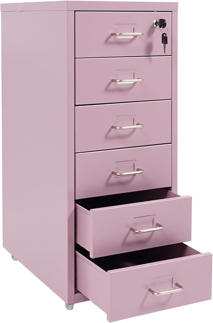 TFCFL Mobile File Cabinet 6 Drawer Vertical File Cabinet with Wheels Metal File Cabinet with Lock for Home Office, 11" D x 16" W x 27" H (Purple)