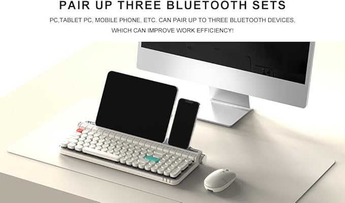 Retro Typewriter Mechanical Keyboard with Tablet Stand, 100 Keys LED Backlit, ABS+PBT Keycaps, Wired/Bluetooth, Blue Switch, Compatible with Windows/Mac/iOS/Android(Ivory Butter Color)