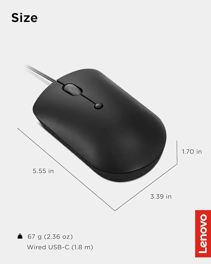 Lenovo 400 USB-C Compact Wired Mouse – Pocket Friendly Portable Mouse for Notebook or Large Computer Monitor, Black