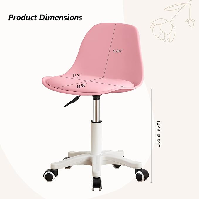 Small Desk Chair Cute Armless Task Vanity Chair with Soft Padded Cushion, Plastic Height Adjustable Home Office Chairs for Teens Girls