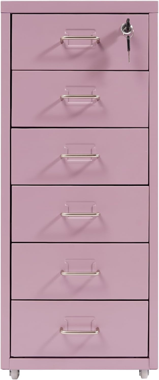 TFCFL Mobile File Cabinet 6 Drawer Vertical File Cabinet with Wheels Metal File Cabinet with Lock for Home Office, 11" D x 16" W x 27" H (Purple)