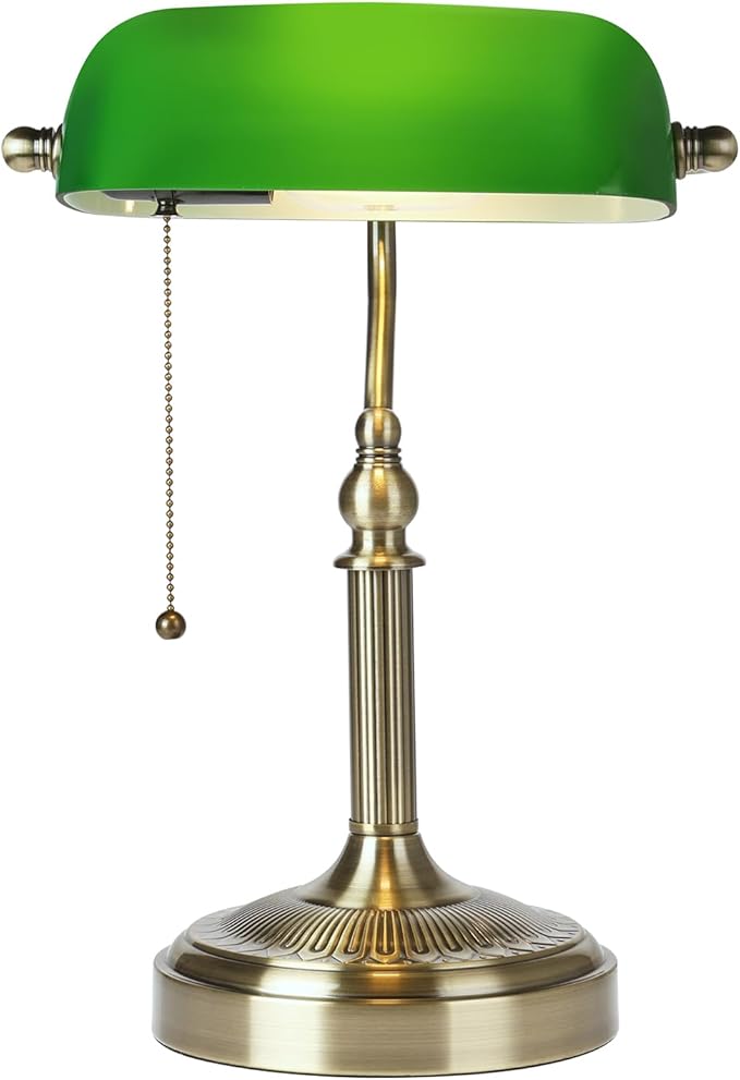 Newrays Glass Bankers Desk Lamp with Pull Chain Switch Plug in Fixture (Green-Simple, Simple Style)