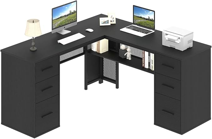 HSH Black L Shaped Desk with File Drawers Shelves, Reversible Corner Metal Wood Computer Desk with Storage Cabinet, Modern Large Executive Work Writing Study Table for Home Office Bedroom, 59 Inch