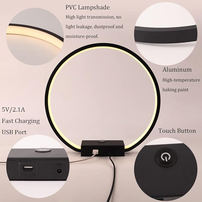 LED Circle Table Lamp Touch Control 3-Way Dimmable Bedside Nightstand Lamp with USB Port Modern Tabletop Lamps, 12W 3000K Warm Light, Desk Lamp for Bedroom Living Room, Black