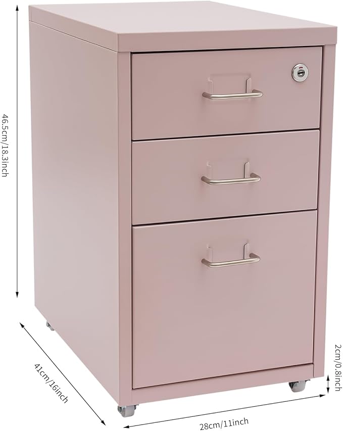 3 Drawer File Cabinet, Mobile Vertical Filing Cabinets with Lock and Wheels Organizer Cabinet for Home Office Files Storage (Pink)