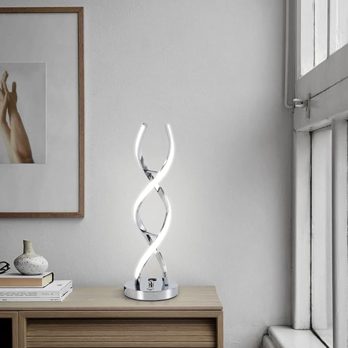 LED Modern Table Lamp, Stepless Dimmable Spiral Table Lamps for Bedroom, 3 Colors Touch Control Bedside Nightstand Lamp with 1 USB Charging Ports, Desk Lamps for Living Room Office (Silver)