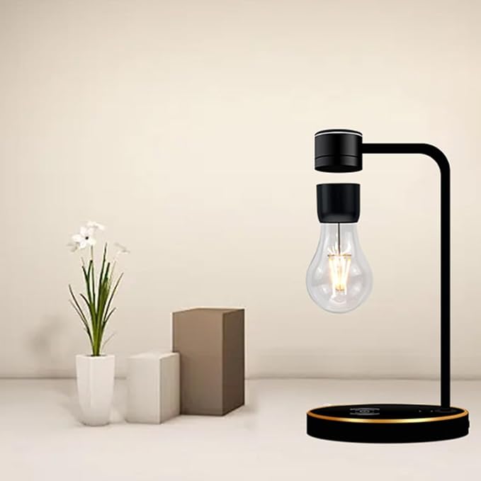 Magnetic Levitating Light Bulb Lamp, Floating LED Bulb Desk Lamp with Wireless Charger, Rotating Levitating Bulb Night Lights for Room Office Decoration (Black)