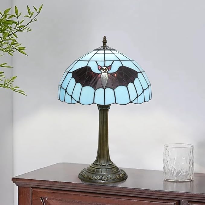Retro Blue bat Style Stained Glass Table lamp Tiffany Lamps Living Room Office Hotel Bar Kitchen Desk Reading Bedroom Bedside Table Lamp Holiday Gift Halloween Home Decoration 12X19 inches
