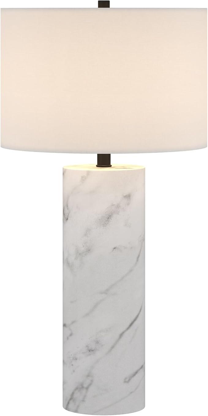 Henn&Hart 29.5'' Glam 1-Light Table Lamp with White Fabric Drum Shade for Living Room, Bedroom, or Office, Marble/Black