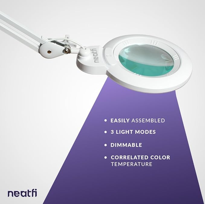 Neatfi XL Bifocals 1,200 Lumens LED Magnifying Lamp with Clamp, 3 Light Modes, Correlated Color Temperature Control (3000K-4500K-6000K), 12W, 120 Pcs SMD LED (White, 6 Inch Lens)