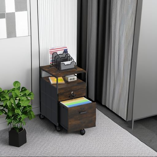 SHW Box File Rolling Mobile Cabinet with Open Shelf and Lockable Drawer, Rustic Brown