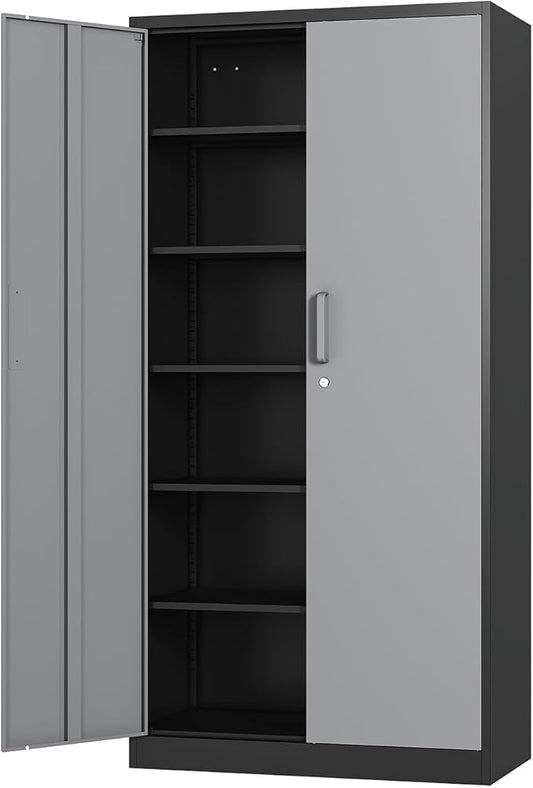 Metal 71' Tall File Cabinet with Lockable Doors and 5 Adjustable Shelves - Black&Gray Steel Storage Cabinet for Home, School, Office, Garage
