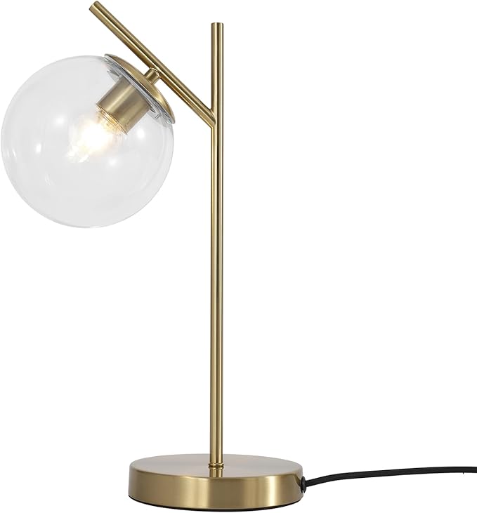 Mid Century Modern Table Lamp, Contemporary Metal Brass Bedside Lamps with Clear Glass lampshade, Gold Globe Nightstand Lamp for Bedroom Living Room Study Room