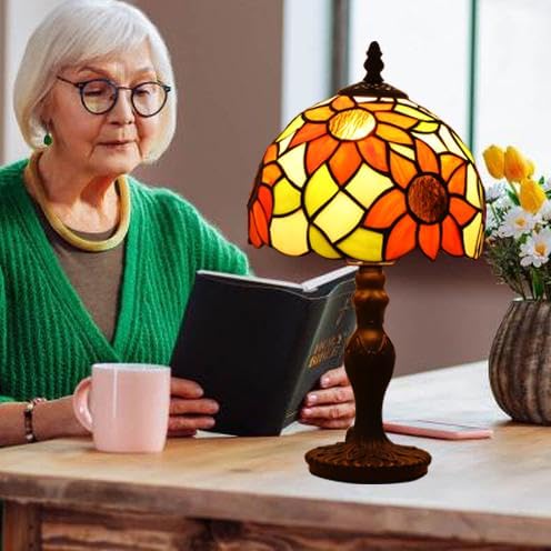 Tiffany Small Table Lamp Sunflower 3-Way Color Temperatures Stained Glass Table Lamps for Living Room Bedroom Bedside Nightstand Night Light Home Office Desk Lamp W/LED Bulb 8X8X15Inch