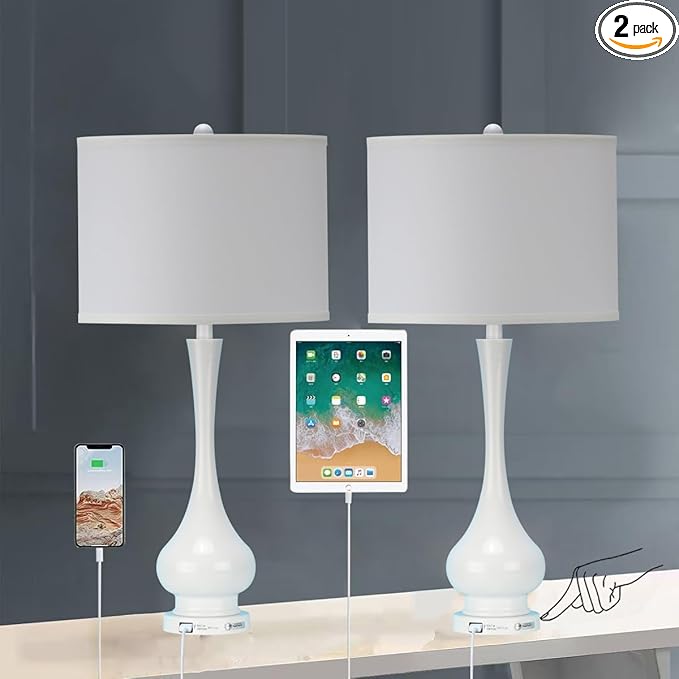 Table Lamps for Living Room Set of 2,30" Tall Bedside Farmhouse Lamps,Bedroom Nightstand Lamps with USB Port, 3-Way Dimmable Modern Large Table Lamps with White Shade (Bulbs Included)